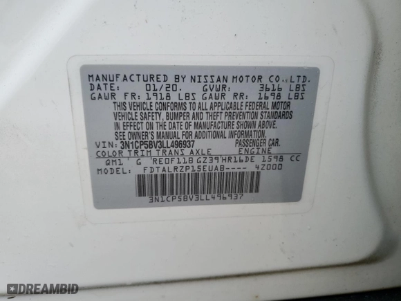 2020 Nissan Kicks S with VIN 3N1CP5BV3LL496937, listed as a Copart auction lot 76772034 with 0 mi miles and Non Repairable. Bid and sale history available at carsss.com. Image 14.