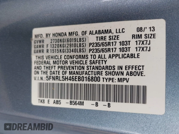 2014 Honda Odyssey EX with VIN 5FNRL5H46EB016800, listed as a IAAI auction lot 42048768 with 144,677 mi miles and . Bid and sale history available at carsss.com. Image 9.