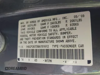 2009 Honda Accord EX z VIN 1HGCP26739A151612, wystawiony jako IAAI lot #41871767 z przebiegiem 47 217 mil mil oraz . Historia ofert i sprzedaży dostępna na DreamBid. Obrazek 9.