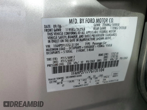 2007 Ford Five Hundred SEL z VIN 1FAHP27177G131104, wystawiony jako Copart lot #55451274 z przebiegiem 125 347 mil mil oraz Czysty tytuł • Clean title. Historia ofert i sprzedaży dostępna na DreamBid. Obrazek 12.
