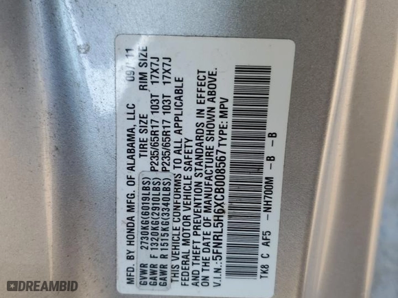 2012 Honda Odyssey EX-L with VIN 5FNRL5H6XCB008567, listed as a Copart auction lot 50635285 with 215,418 mi miles and Salvage Title. Bid and sale history available at carsss.com. Image 13.