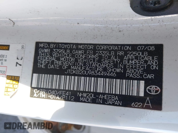 2008 Toyota Prius with VIN JTDKB20U983449446, listed as a IAAI auction lot 41864516 with 147,723 mi miles. Bid and sale history available at carsss.com. Image 9.