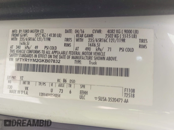 2016 Ford Transit Cargo с VIN 1FTYR1YM2GKB07832, выставлен на аукционе IAAI как лот 42614414 с пробегом Не указан миль и . История ставок и продаж доступна на DreamBid. Изображение 9.