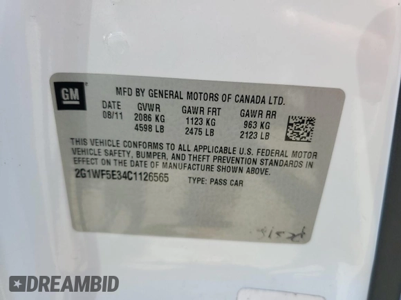 2012 Chevrolet Impala LS Fleet with VIN 2G1WF5E34C1126565, listed as a Copart auction lot 60233495 with 154,528 mi miles and Salvage title. Bid and sale history available at DreamBid. Image 12.