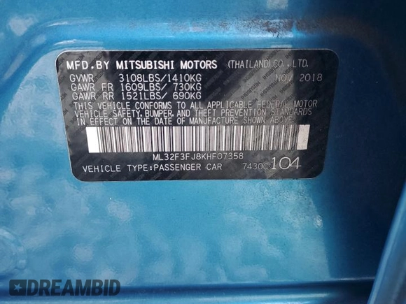 2019 Mitsubishi Mirage ES z VIN ML32F3FJ8KHF07358, wystawiony jako Copart lot #54682865 z przebiegiem 99 286 mil mil oraz Szkoda całkowita • Salvage title. Historia ofert i sprzedaży dostępna na DreamBid. Obrazek 12.