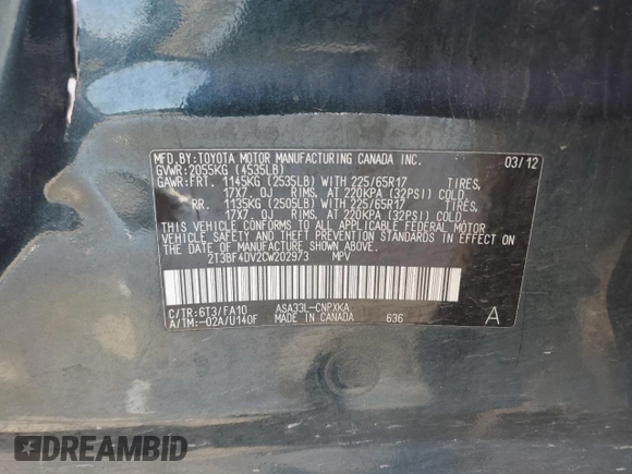 2012 Toyota RAV4 with VIN 2T3BF4DV2CW202973, listed as a Copart auction lot 63831295 with 224,829 mi miles and Clean title. Bid and sale history available at DreamBid. Image 12.