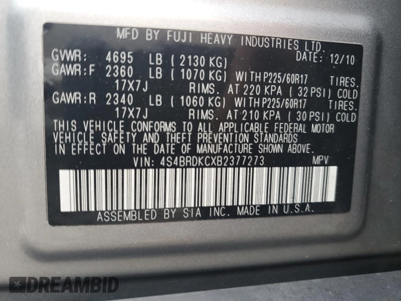 2011 Subaru Outback Limited Power Moon with VIN 4S4BRDKCXB2377273, listed as a Copart auction lot 58834935 with 130,803 mi miles and Salvage title. Bid and sale history available at DreamBid. Image 12.