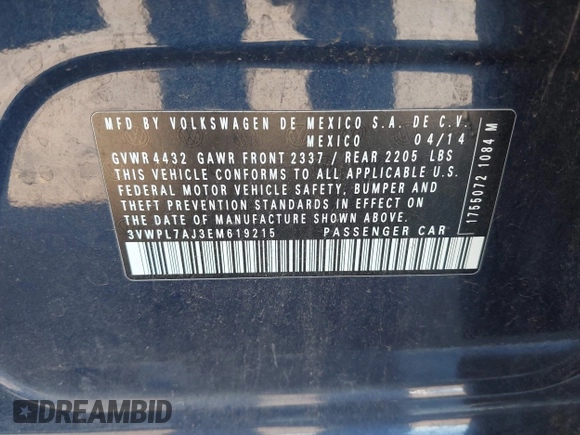 2014 Volkswagen Jetta TDI w/Sunroof & Nav с VIN 3VWPL7AJ3EM619215, выставлен на аукционе IAAI как лот 41868823 с пробегом 131 429 миль миль и . История ставок и продаж доступна на DreamBid. Изображение 9.