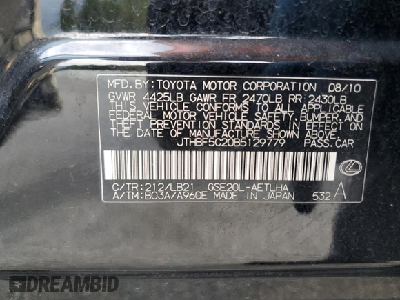 2011 Lexus IS 250 с VIN JTHBF5C20B5129779, выставлен на аукционе Copart как лот 46839515 с пробегом 178 608 миль миль и Списание • Salvage title. История ставок и продаж доступна на DreamBid. Изображение 14.