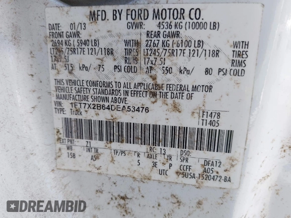 2013 Ford F-250 XL with VIN 1FT7X2B64DEA53476, listed as a IAAI auction lot 42179841 with 139,179 mi miles and . Bid and sale history available at DreamBid. Image 9.