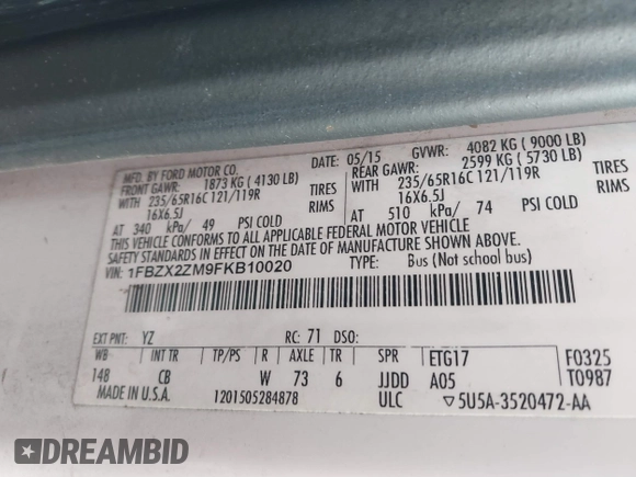 2015 Ford Transit XL with VIN 1FBZX2ZM9FKB10020, listed as a IAAI auction lot 41331523 with 212,216 mi miles and . Bid and sale history available at DreamBid. Image 9.