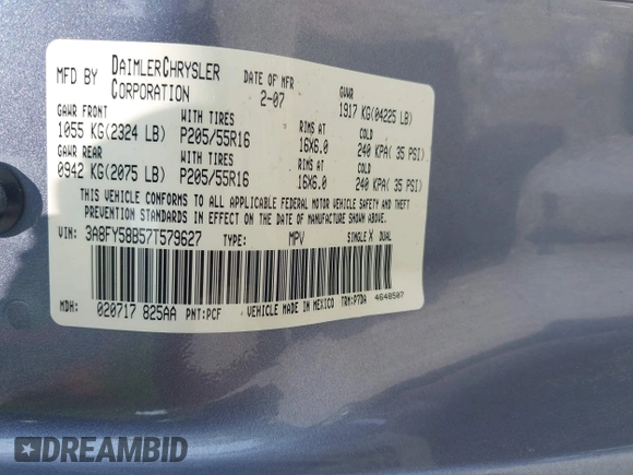 2007 Chrysler PT Cruiser Touring with VIN 3A8FY58B57T579627, listed as a IAAI auction lot 42503536 with 111,653 mi miles and . Bid and sale history available at DreamBid. Image 9.