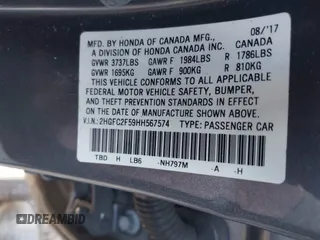 2017 Honda Civic Sedan LX with VIN 2HGFC2F59HH567574, listed as a IAAI auction lot 41499071 with 74,366 mi miles. Bid and sale history available at carsss.com. Image 9.