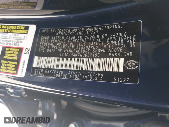2022 Toyota Camry SE with VIN 4T1G11AK7NU637495, listed as a IAAI auction lot 41482491 with 48,433 mi miles and . Bid and sale history available at DreamBid. Image 9.