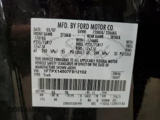 2007 Ford F-150 XLT with VIN 1FTPX14507FB12102, listed as a Copart auction lot 60330255 with 120,585 mi miles and Clean title. Bid and sale history available at DreamBid. Image 12.