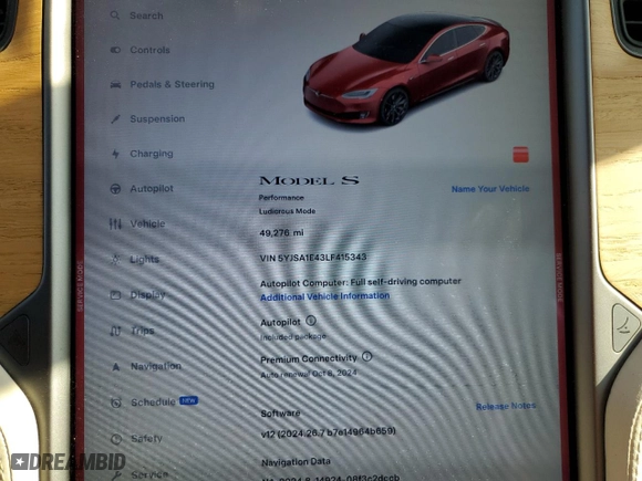 2020 Tesla Model S Performance with VIN 5YJSA1E43LF415343, listed as a Copart auction lot 73429274 with NaN miles and Salvage Title. Bid and sale history available at carsss.com. Image 9.