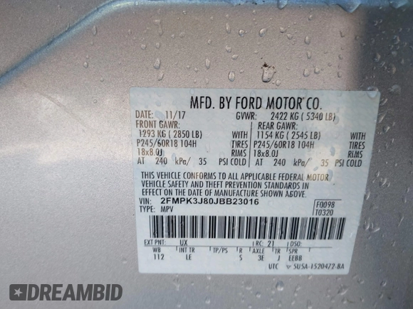 2018 Ford Edge SEL with VIN 2FMPK3J80JBB23016, listed as a IAAI auction lot 41618383 with 100,117 mi miles. Bid and sale history available at carsss.com. Image 9.