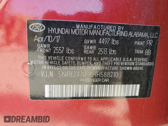 2017 Hyundai Sonata SE with VIN 5NPE24AFXHH588210, listed as a Copart auction lot 44403545 with 93,694 mi miles and Salvage Title. Bid and sale history available at carsss.com. Image 14.