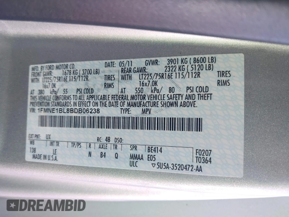 2011 Ford Econoline Passenger XL with VIN 1FMNE1BL8BDB06238, listed as a IAAI auction lot 41787204 with 142,446 mi miles and . Bid and sale history available at DreamBid. Image 9.