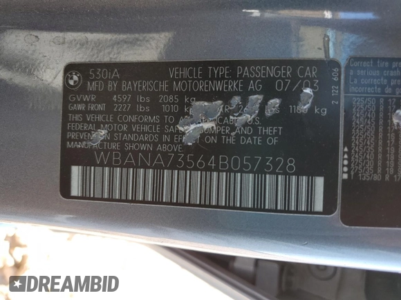 2004 BMW 5 Series 530i with VIN WBANA73564B057328, listed as a Copart auction lot 43020595 with 155,003 mi miles and Salvage Title. Bid and sale history available at DreamBid. Image 14.