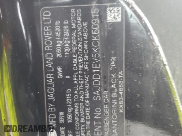 2019 Jaguar F-Type with VIN SAJDD1EV5KCK60915, listed as a Copart auction lot 85335414 with 31,735 mi miles and Salvage Title. Bid and sale history available at DreamBid. Image 12.