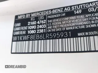 2020 Mercedes-Benz C 300 with VIN W1KWF8EB6LR595931, listed as a IAAI auction lot 41124898 with 20,713 mi miles and . Bid and sale history available at DreamBid. Image 9.