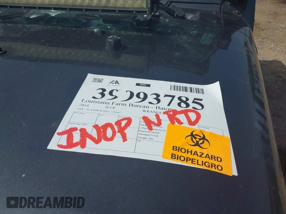 2014 Jeep Wrangler Sport with VIN 1C4AJWAGXEL233647, listed as a IAAI auction lot 39993785 with Not Provided miles and . Bid and sale history available at DreamBid. Image 5.