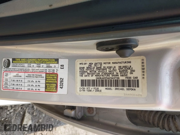 2010 Toyota Corolla with VIN 1NXBU4EE5AZ343739, listed as a IAAI auction lot 42435985 with 224,495 mi miles and . Bid and sale history available at DreamBid. Image 9.