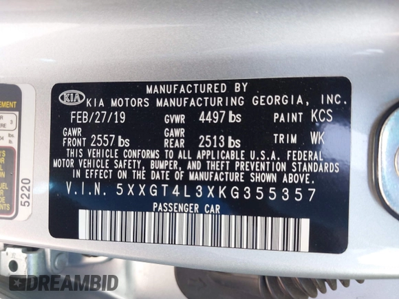 2019 Kia Optima LX with VIN 5XXGT4L3XKG355357, listed as a IAAI auction lot 41835587 with 70,802 mi miles. Bid and sale history available at carsss.com. Image 9.