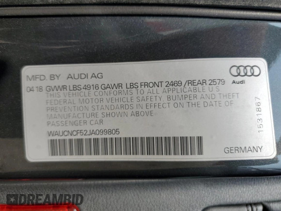 2018 Audi A5 Sportback Prestige z VIN WAUCNCF52JA099805, wystawiony jako Copart lot #68638984 z przebiegiem 30 662 mil mil oraz Szkoda całkowita • Salvage title. Historia ofert i sprzedaży dostępna na DreamBid. Obrazek 12.