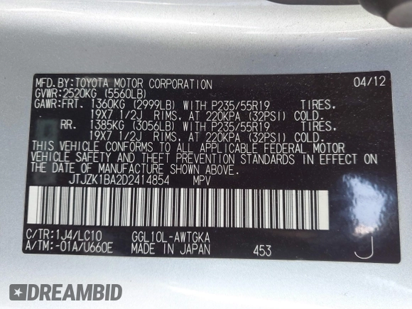 2013 Lexus RX 350 with VIN JTJZK1BA2D2414854, listed as a IAAI auction lot 41862052 with 182,187 mi miles and . Bid and sale history available at DreamBid. Image 9.