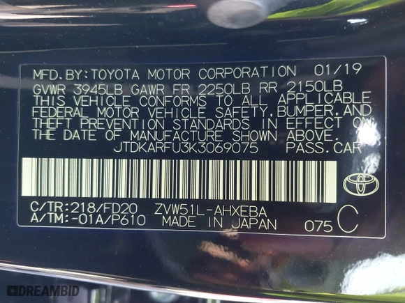 2019 Toyota Prius L Eco with VIN JTDKARFU3K3069075, listed as a IAAI auction lot 41622447 with 39,113 mi miles. Bid and sale history available at carsss.com. Image 9.