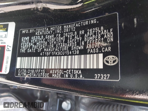 2012 Toyota Camry L with VIN 4T1BF1FK9CU154138, listed as a IAAI auction lot 41940826 with 129,367 mi miles. Bid and sale history available at carsss.com. Image 9.