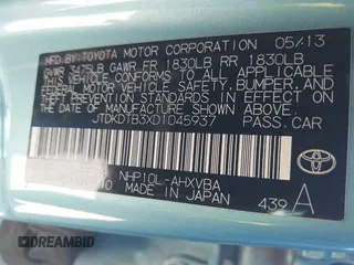 2013 Toyota Prius One z VIN JTDKDTB3XD1045937, wystawiony jako IAAI lot #41862939 z przebiegiem 144 947 mil mil oraz . Historia ofert i sprzedaży dostępna na DreamBid. Obrazek 9.
