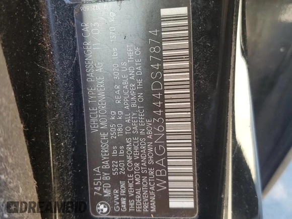 2004 BMW 7 Series 745Li with VIN WBAGN63444DS47874, listed as a Copart auction lot 88582125 with 172,419 mi miles and Clean title. Bid and sale history available at DreamBid. Image 13.
