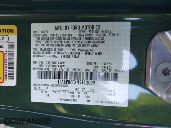 2022 Ford Mustang GT with VIN 1FA6P8CFXN5113099, listed as a IAAI auction lot 41243998 with 9,475 mi miles and . Bid and sale history available at DreamBid. Image 9.