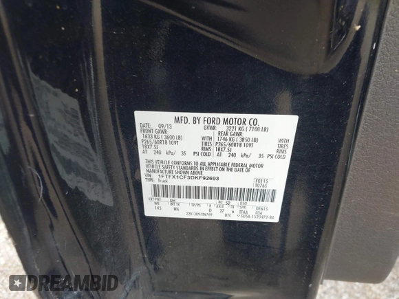 2013 Ford F-150 XL with VIN 1FTFX1CF3DKF92693, listed as a IAAI auction lot 42087351 with 96,425 mi miles and . Bid and sale history available at DreamBid. Image 9.