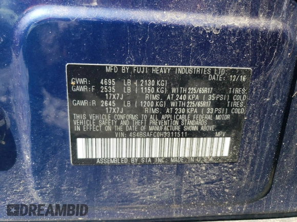 2017 Subaru Outback Premium with VIN 4S4BSAFC0H3311511, listed as a Copart auction lot 61065225 with 144,482 mi miles and Salvage title. Bid and sale history available at DreamBid. Image 13.