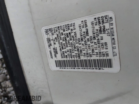 2007 Nissan Murano SL с VIN JN8AZ08T47W517905, выставлен на аукционе IAAI как лот 41563001 с пробегом 217 933 миль миль и . История ставок и продаж доступна на DreamBid. Изображение 9.