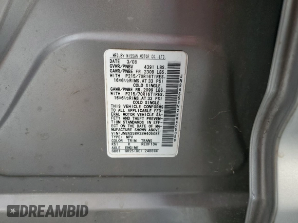 2008 Nissan Rogue SL with VIN JN8AS58V28W405088, listed as a Copart auction lot 49606585 with 126,370 mi miles and Salvage Title. Bid and sale history available at DreamBid. Image 15.