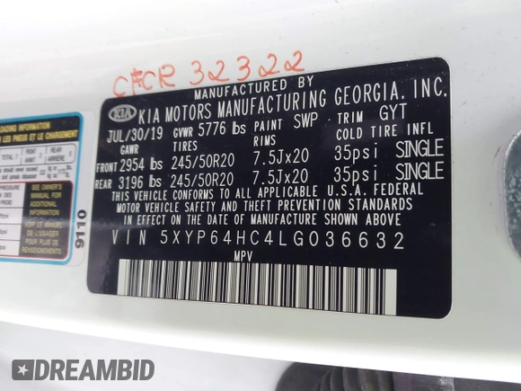 2020 Kia Telluride S with VIN 5XYP64HC4LG036632, listed as a IAAI auction lot 41734210 with 97,502 mi miles and . Bid and sale history available at carsss.com. Image 9.