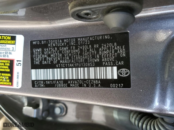 2023 Toyota Camry LE with VIN 4T1C11AK1PU130853, listed as a Copart auction lot 50350105 with 35,077 mi miles and Salvage Title. Bid and sale history available at carsss.com. Image 14.