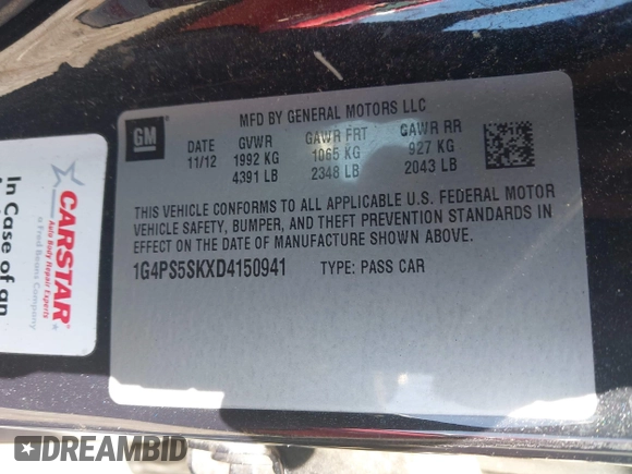 2013 Buick Verano Group с VIN 1G4PS5SKXD4150941, выставлен на аукционе IAAI как лот 42066940 с пробегом 135 227 миль миль и . История ставок и продаж доступна на DreamBid. Изображение 9.