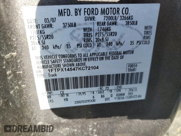 2007 Ford F-150 XLT with VIN 1FTPX14547KC72104, listed as a Copart auction lot 42355175 with 145,975 mi miles and Salvage Title. Bid and sale history available at carsss.com. Image 12.