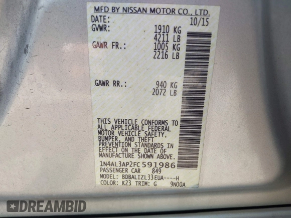 2015 Nissan Altima 2.5 z VIN 1N4AL3AP2FC591986, wystawiony jako IAAI lot #42172883 z przebiegiem 205 419 mil mil oraz . Historia ofert i sprzedaży dostępna na DreamBid. Obrazek 9.