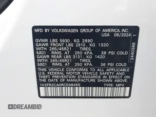 2024 Volkswagen Atlas SEL Premium R-Line with VIN 1V2FR2CA0RC598455, listed as a IAAI auction lot 42060180 with 2,865 mi miles and . Bid and sale history available at DreamBid. Image 9.