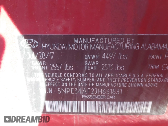 2018 Hyundai Sonata SEL with VIN 5NPE34AF2JH631831, listed as a IAAI auction lot 41754599 with 61,632 mi miles and . Bid and sale history available at DreamBid. Image 9.