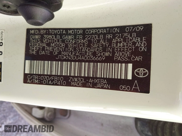 2010 Toyota Prius II with VIN JTDKN3DU4A0036669, listed as a IAAI auction lot 41850717 with Not Provided miles. Bid and sale history available at carsss.com. Image 9.