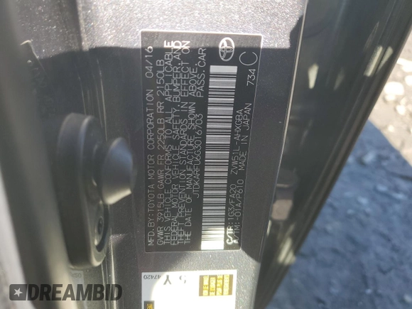 2016 Toyota Prius Four with VIN JTDKARFU6G3016703, listed as a Copart auction lot 49902125 with 74,024 mi miles and Salvage Title. Bid and sale history available at DreamBid. Image 12.