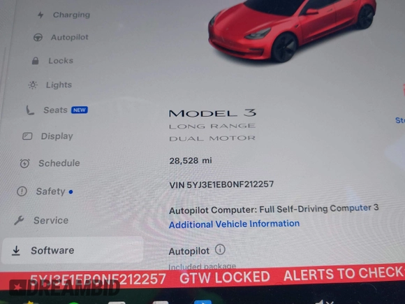 2022 Tesla Model 3 Long Range with VIN 5YJ3E1EB0NF212257, listed as a IAAI auction lot 41735989 with 28,528 mi miles and . Bid and sale history available at DreamBid. Image 15.